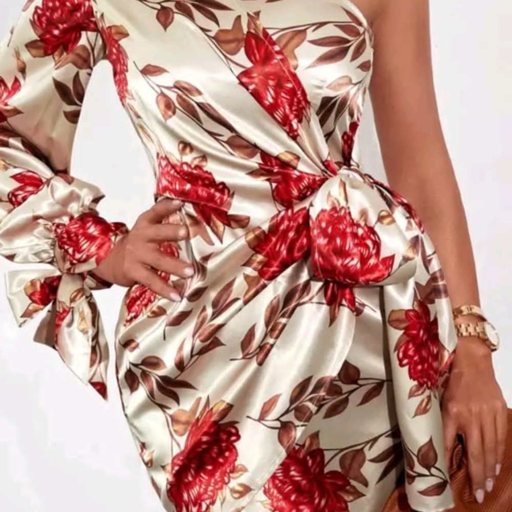SHEIN Red and Brown One Shoulder Bodycon Dress